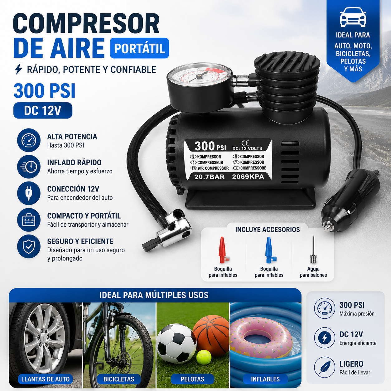 Compresor de Aire Portátil 300PSI–DC 12V